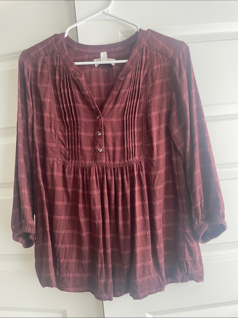 Wrangler Burgundy Plaid Pintuck Peasant Tunic
